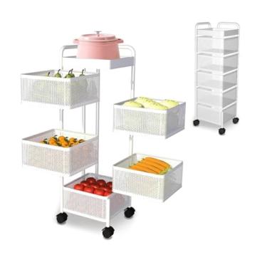 Imagem de Fruteira Carrinho Organizador de Metal com 5 Prateleiras, Branco, 95cm x 28cm, Móvel Multiuso com Rodízios para Cozinha, Ferro e Plástico