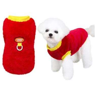 Imagem de Izefia Suéter de cachorro roupas roupas de lã de lã com alça de coleira inverno quente moletom macio pijama fofo padrão caubói colete suéter para cães pequenos gato médio vermelho 2GG