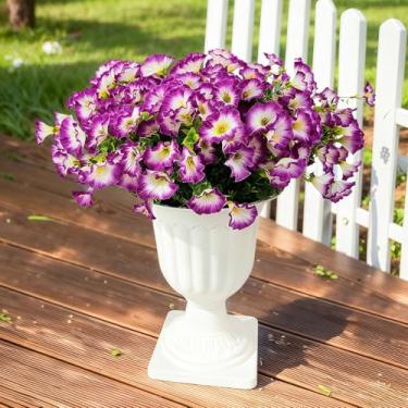 Imagem de Aisamco Flores de seda artificial para decoração ao ar livre, 12 pacotes de flores falsas, glória da manhã colorida com eucalipto, plantas falsas, vegetação, resistente a UV, para plantador de porta