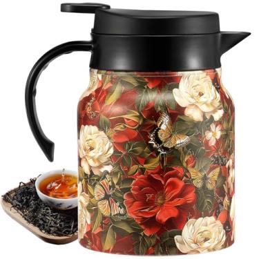 Imagem de Bule de chá vintage com estampa floral, infusor embutido de bule de chá, garrafa térmica de aço inoxidável com alça confortável para bebidas quentes de escritório em casa (vermelho branco)