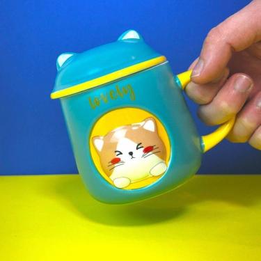 Imagem de Caneca De Porcelana 3d Gatinho Verde Com Tampa E Colher - Alegria Para O Seu Dia A Dia