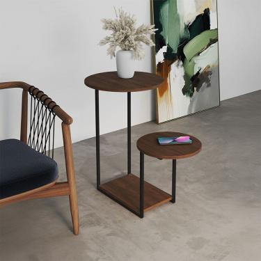 Imagem de Mesal Lateral Cibele Tampo Redondo Ferro Preto Tampo Amêndoa