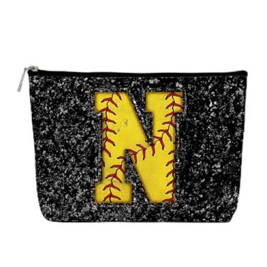Imagem de Bolsa de maquiagem inicial, monograma, letra N, bolsa cosmética, bolsa com zíper, acessórios de softball, para meninas, mulheres, jogadoras, treinadoras, amigas, presentes de aniversário de formatura