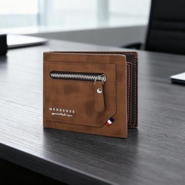 Imagem de Carteira masculina com zíper, carteira dobrável de grande capacidade com 3 bolsos com zíper, 6 compartimentos para cartões, 1 janela para identidade, 2 compartimentos para dinheiro para chave de moeda