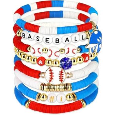 Imagem de KLSKLYL 【Conjunto de 8 peças de pulseiras Super Bowl】 Pulseiras com tema esportivo para dia de jogo – Conjunto de miçangas unissex de futebol, basquete, vôlei e beisebol, One Size, Argila de polímero