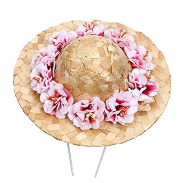 Imagem de TOYANDONA Chapéu de palha de verão para cães chapéu de sol tecido com decoração de flores estilo cordão aleatório acessório de fantasia para festas de animais de estimação e fotos flor rosa