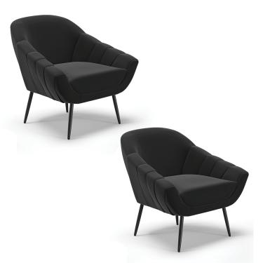 Imagem de Kit 02 Poltronas Giovana Suede Preto Pés Palito de Ferro - D'Rossi