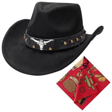 Imagem de SANSTHS Conjunto de chapéus de caubói masculinos com bandanas, chapéu de caubói masculino, chapéu de cowgirl, clássico, aba larga, chapéu ocidental para rodeio