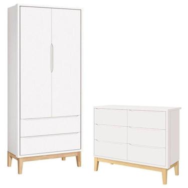 Imagem de Cômoda 6 Gavetas E Guarda Roupa 2 Portas New Classic Branco Com Pés Madeira Natural- Reller
