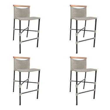Imagem de Kit 4 Banquetas Em Corda Náutica Base Em Alumínio Preta Com Detalhe Em Madeira Areia Bege