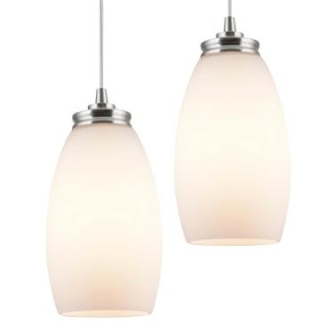 Imagem de Kira Home Mini Luminária Pendente Oval Moderna Coast De 9" + Abajur Vidro Fosco Branco, Acabamento Em Níquel Escovado, Pacote Com 2