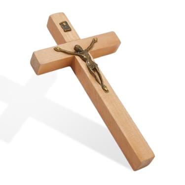 Imagem de DICOSMETIC Pequena cruz de parede de madeira 15 x 8 x 2,2 cm crucifixo de São Bento cruz de madeira com crucifixo católico de liga para parede presente religioso de Natal e Páscoa para decoração de