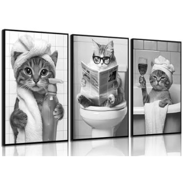 Imagem de ZUGHRERF Arte de parede em tela de banheiro de gato preto e branco engraçado, estampa de animal fofo, imagens de arte humor, pinturas de animais para banheiro, banheiro, decoração de casa, 30,5 x 40,6