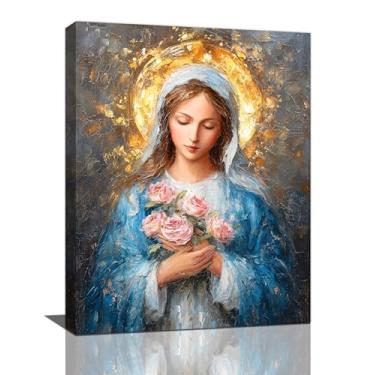 Imagem de Arte de parede de Maria Cristã Maria Mãe de Deus Tela Decoração de Parede Católica Mãe Abençoada com Rosas Imagens de Cristo Impressões Arte Bíblia Religiosa Decorações Emolduradas para Igreja Sala de