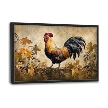 Imagem de Flintis Arte de parede emoldurada de galo grande, vintage, galinha, videira, decoração de parede, pintura abstrata, animal, obra de arte, decoração emoldurada para sala de estar, banheiro, quarto