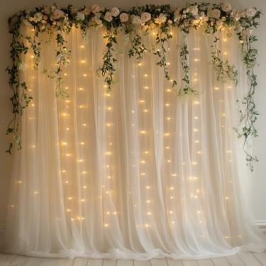 Imagem de EaziCozi Cortina de fundo de tule marfim com cordão de luzes - Pano de fundo transparente de 3 x 3 m com 300 LEDs para casamento, chá de bebê, chá de panela, fundo de sessão de fotos de festa de