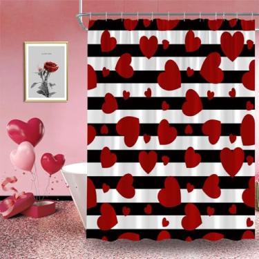 Imagem de NYCCSM Cortina de chuveiro dia dos namorados coração vermelho preto branco listrado doce tecido romântico conjunto de decoração de banheiro com ganchos, 71L x 71A
