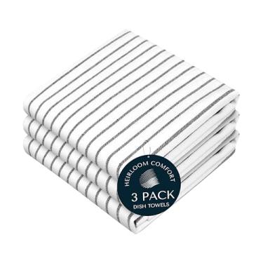 Imagem de HEIRLOOM COMFORT Toalhas de cozinha listradas pretas (pacote com 3), 100% algodão, conjunto de toalhas listradas clássico, panos de prato super absorventes e duráveis, tecido de secagem rápida para