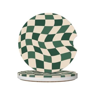 Imagem de Porta-copos de carro quadriculados verdes estéticos para porta-copos, 2 porta-copos de carro para carro, porta-copos de carro absorvente de cerâmica com entalhe de dedo e base de cortiça, acessórios