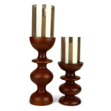 Imagem de Dreamy Walls Castiçais de madeira, conjunto de 2 (dois tamanhos) - Suportes de vela de coluna Boho de fazenda com capas de vidro, decoração de mesa de madeira feita à mão para centro de mesa