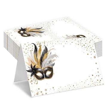 Imagem de Cartões de baile de máscaras, cartões de assento de festa de máscara para mesa de mesa, pacote com 25 cartões de recepção semi-dobrados, suprimentos de lembrancinhas de baile de máscaras, cartões de