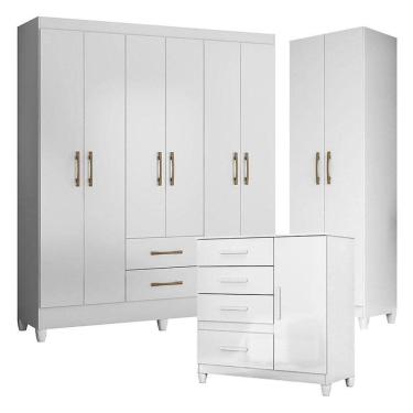 Imagem de Guarda Roupa Casal Panamá Com Cômoda Vênus Com Pés E Armário Multiuso New íris Branco Brilho- Moval