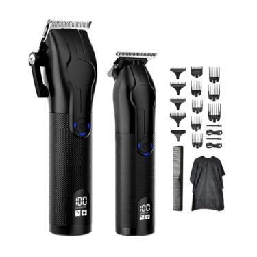 Imagem de Cortador de Cabelo Elétrico com Display Digital LED Conjunto Todo Preto Pente Tela Circundante Nível Real Bateria Ajuste Múltiplas Marchas Feedback Status Funcionamento Cortes Contínuos Uso Profission