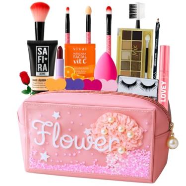 Imagem de Bolsa Maquiagem Profissional Completa Kit Make Rosa Pincéis Paleta Sombras (BRANCA)