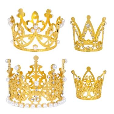 Imagem de 4 peças de topo de coroa de bolo dourado pequeno, coroa de bolo, mini coroas decoração de flores para aniversário de casamento