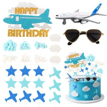 Imagem de Hooqict 25 Pieces Airplane Cake Topper Decorations with Mini Sunglasses Blue White Cloud Happy Birthday Cake Toppers & Cupcake Toppers for Airplane Themed Party Decorations Supplies