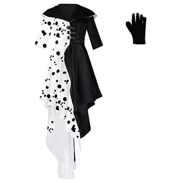 Imagem de Fantasia feminina Cruella Deville vestido Cruela casaco com luvas 2021 Halloween cosplay conjunto completo 3GG