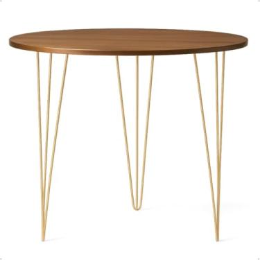 Imagem de Mesa Classica Tripé Em MDF Na Cor Amadeirado Redonda com 70cm Diâmetro E Pés Modelo Retrô Dourado 75cm Altura Top Para Ambientes Como Cozinha Bar Padaria Bistro Restaurante