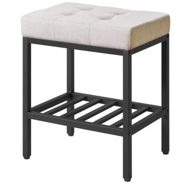 Imagem de IBUYKE Banco de maquiagem retangular com pés ajustáveis e espaço de armazenamento, banco de apoio para os pés, banco de linho para penteadeira, multiuso como mesa lateral pequena ou otomano, para