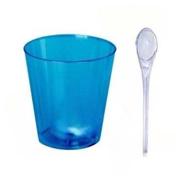Imagem de KIT 25/50/75/100 COPINHO 25 ML BRIGADEIRO ACRÍLICO + MINI COLHER (100,AZUL CRISTAL)