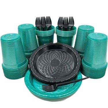 Imagem de Kit 300 Itens Festa Aniversário Descartáveis Plástico Colorido Perolado 100 Pessoas Completo Pratinho Garfinhos Copos (Verde Perolado Preto)