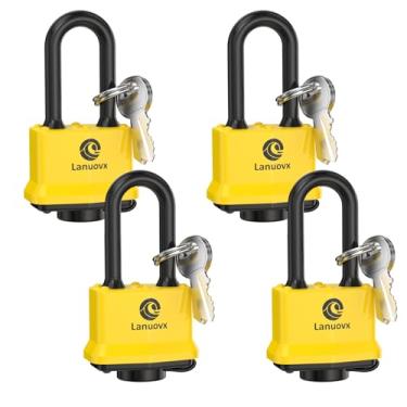 Imagem de Lanuovx Pacote com 4 cadeados impermeáveis ao ar livre com 2 chaves cobertas de aço laminado resistente conjunto de fechaduras com chaves, amarelo 5 cm de largura, cadeados longos