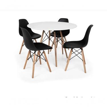 Imagem de Conjunto De Mesa De Jantar Eames Eiffel Redonda 120cm Tampo De Madeira Branco Com 4 Cadeiras Pretas