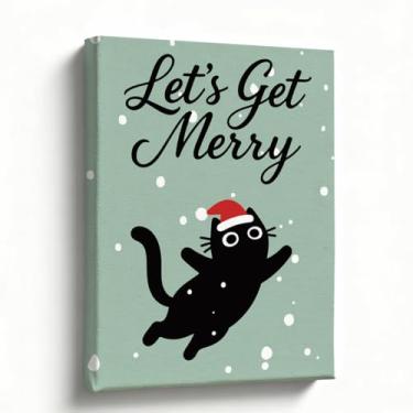 Imagem de Arte de parede de Natal engraçada, impressão em tela de gato preto com chapéu de Papai Noel, Lets Get Merry Citação Lets Get Merry Decoração de Natal para banheiro, quarto, pronto para pendurar, 20 x