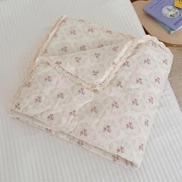Imagem de BuLuTu Cobertor acolchoado de musselina de algodão de camada dupla, design floral romântico para bebês meninas com bordas de renda, colcha infantil leve e macia, 120 x 150 cm, estampa de begônia
