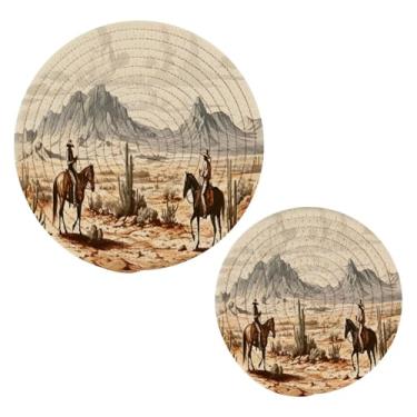 Imagem de Blueangle 2 peças de suporte de panela de trivet Western Cowboys - conjunto de pegadores de panela de tecido redondo - almofadas quentes trançadas de algodão - porta-copos - tapetes de mesa para