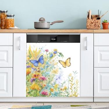 Imagem de ATTX Capa magnética para lava-louças flores e borboletas, 58,4 cm C x 66 cm A decoração da capa da máquina de lavar louça, decalques de armário doméstico eletrodomésticos adesivos #79