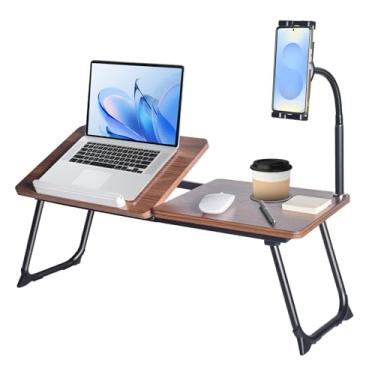 Imagem de Wishacc Suporte de mesa ajustável para laptop com suporte para telefone, mesa de madeira, moldura de metal preto, 61 x 30 cm, estilo moderno, design portátil