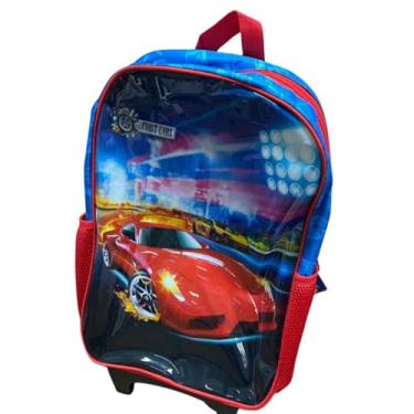 Imagem de Mochila de Rodinhas Infantil com Estampa de Carros, 48x30x14.5cm, 17 Litros, Poliéster, Azul e Vermelha, com Alça Retrátil Ajustável
