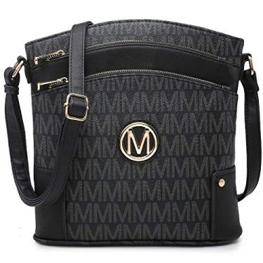 Imagem de MARCO M KELLY Bolsas transversais femininas de couro vegano com vários bolsos com zíper, bolsas de ombro modernas com monograma, 00 preto, Large