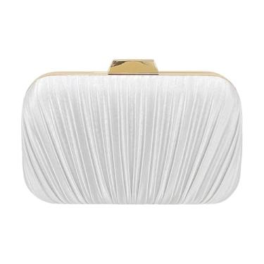 Imagem de Aovtero Bolsa clutch feminina para noite, casamento, formal, festa, noiva, plissada, cintilante, com corrente, Branco