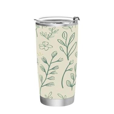 Imagem de Wassud Simple Line Art Leaves Copo de 590 ml com tampa e canudo, aço inoxidável, parede dupla, copo isolado para viagem, caneca de café para bebidas frias e quentes