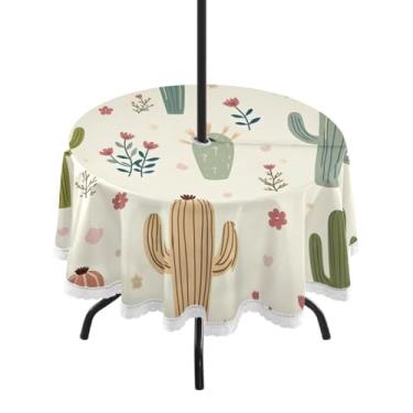 Imagem de CEBUGI Toalha de mesa redonda para ambientes externos, cacto, impermeável, com furo Umberlla, capa de mesa lavável para pátio, cozinha, sala de jantar, 152 cm