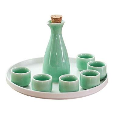 Imagem de uhyOHF Conjunto de 8 peças de saquê de cerâmica conjunto de copos de saquê japonês conjunto de saquê adulto conjunto de vinho branco pode beber chá forte shochu (ciano-8 peças