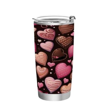 Imagem de Wassud Copo com padrão de coração de chocolate de 340 g com tampa e canudo, copo isolado a vácuo de parede dupla de aço inoxidável, caneca de café de viagem para bebidas frias e quentes