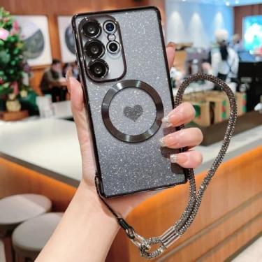 Imagem de Capa protetora com pulseira magnética e revestimento cromado para Samsung Galaxy S24 S23 S21 FE S25 Ultra S22 Plus, com glitter degradê, preta. Compatível com Samsung Galaxy S23 Ultra.